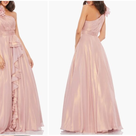 MAC DUGGAL 49252 ONE SHOULDER ROSETTE IRIDESCENT ROSE GOLD GOWN sz 12 - Picture 4 of 5